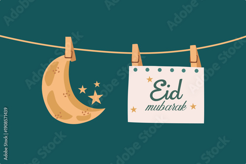 Eid Mubarak greeting card with moon and stars hanging on a string
