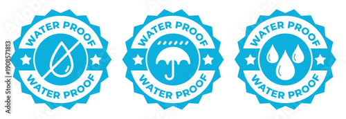 Water Resistant Badges – Waterproof Protection Icons Set with Drops and Umbrella Symbols