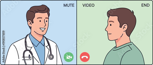 Doctor and patient in video call on computer screen