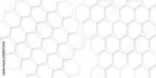 White Hexagonal Background. Luxury White Pattern. Futuristic honeycomb mosaic white background. Abstract embossed hexagon. Surface polygon pattern with glowing hexagon paper texture.	