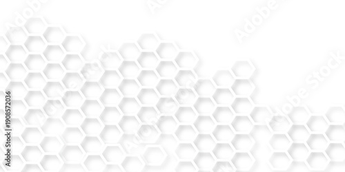 White Hexagonal Background. Luxury White Pattern. Futuristic honeycomb mosaic white background. Abstract embossed hexagon. Surface polygon pattern with glowing hexagon paper texture.	