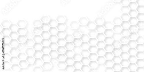 White Hexagonal Background. Luxury White Pattern. Futuristic honeycomb mosaic white background. Abstract embossed hexagon. Surface polygon pattern with glowing hexagon paper texture.	
