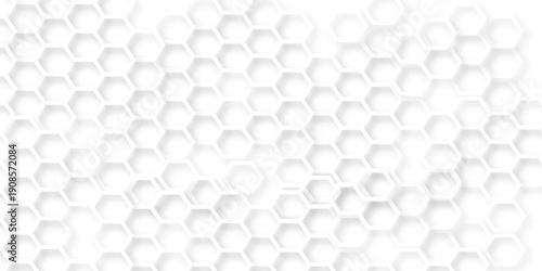 White Hexagonal Background. Luxury White Pattern. Futuristic honeycomb mosaic white background. Abstract embossed hexagon. Surface polygon pattern with glowing hexagon paper texture.	