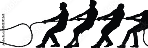 Teamwork tug of war silhouette illustration showing people pulling rope together, cooperation strength unity leadership effort challenge concept strategy competition