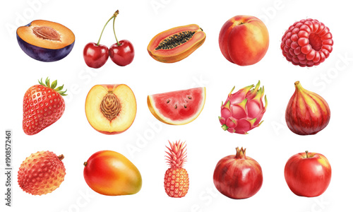 Watercolor summer fruits and berries collection set