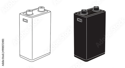 A depiction of two 9 volt batteries one white and one black presented in a clean minimalist style silhouette high quality professional