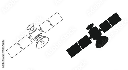 A detailed comparison showcases a satellite s line drawing alongside its stark black silhouette high quality professional modern elegant stylish clean crisp