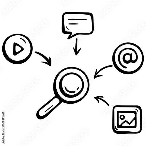 Multimedia Content Search and Data Analytics Icon. Magnifying Glass with Media Symbols for Social Media Monitoring, Digital Marketing and Research. Vector Doodle.
