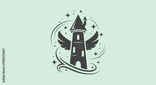 Tower silhouette with wings and stars