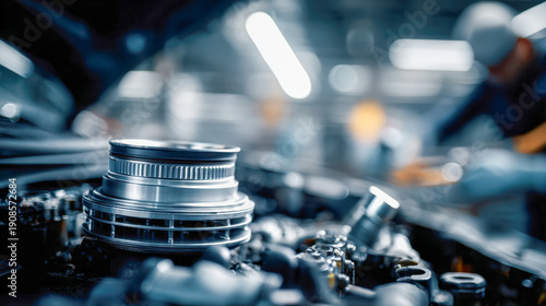 Modern car engine with metallic air intake component under the hood in a professional automotive repair workshop environment with technician working nearby