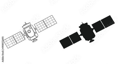 A detailed illustration compares a satellite s technical drawing with its contrasting black silhouette high quality professional modern elegant stylish clean crisp