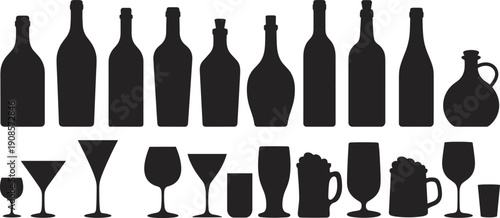 Black silhouette collection of wine bottles, beer bottles, liquor bottles and drinking glasses isolated on white background, alcohol beverage set for bar menu and design.