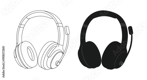 A comparison of headphones presented in line art and a solid black silhouette showcasing design variations silhouette high quality professional detailed