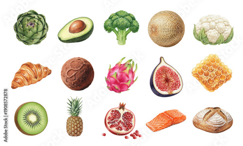 Watercolor food collection with fruits and vegetables