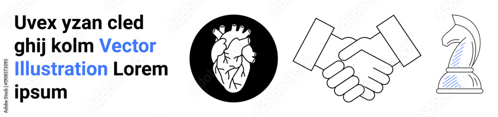 Fototapeta premium Partnership, strategy, business agreements, teamwork, decision-making, creativity. Handshake symbol, heart anatomy chess knight piece. Partnership and strategy concepts