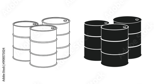 A pair of arrangements depict oil drums in contrasting colors one white and one black as a silhouette high quality professional
