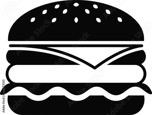 Stylized black and white hamburger icon vector illustration with sesame seed bun, cheese, lettuce, patty layers, fast food design