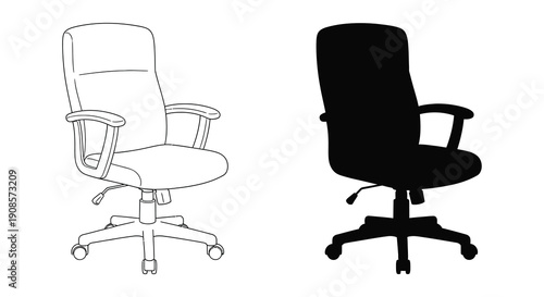 A side by side comparison showcases an office chair in both outlined and solid black silhouette high quality professional detailed modern elegant stylish