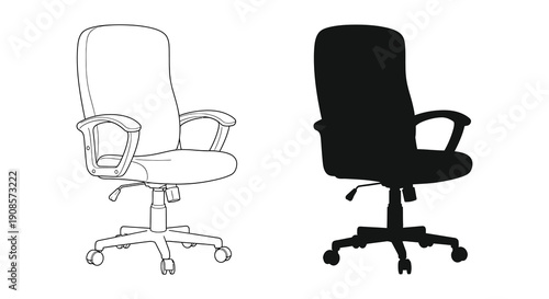 A comparison is shown between an office chair s line drawing and its solid black silhouette high quality professional detailed modern elegant