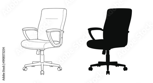 A comparison of an office chair shown with a line drawing and its contrasting black silhouette high quality professional detailed modern