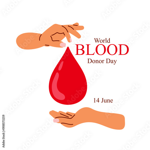 Hands in gesture of passing large, red blood drop. World Blood Donor Day design. Gift of life, generosity, global solidarity on June 14. Vector illustration for medical campaign, poster, social media