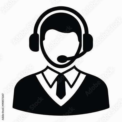 Silhouette of Man Wearing Headset and Tie Black and White, Minimalist Business Avatar