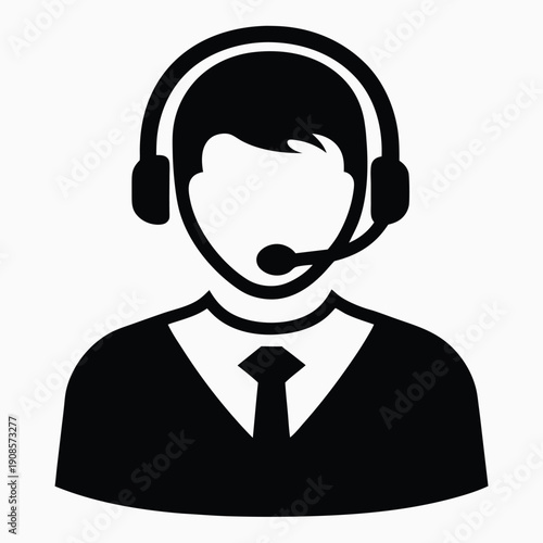 Monochrome Support Assistant Avatar Man with Headset, Tie, Minimalist, Isolated Icon