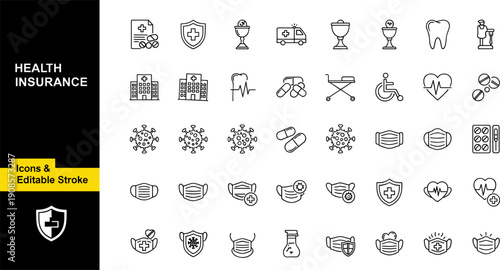 Health insurance medical icon set with hospital ambulance doctor pills face mask virus protection shield and healthcare first aid icons