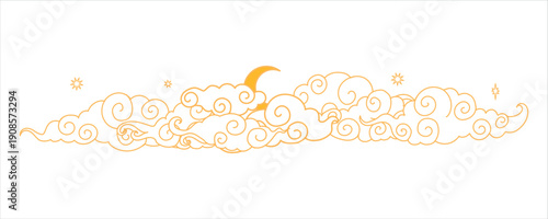 Tibetan sky. Asian cloud with moon, sun and stars. Japanese Korean Chinese cloud style. Asian traditional ornaments. Border pattern. Vector illustration