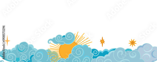 Tibetan sky. Blue Asian cloud with moon, sun and stars. Japanese Korean Chinese cloud style. Asian traditional ornaments. Border pattern. Vector illustration