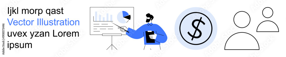Obraz premium Business strategy, financial planning, data analysis, teamwork, professional collaboration, corporate success. Person presenting charts, dollar symbol team icons. Business strategy and financial