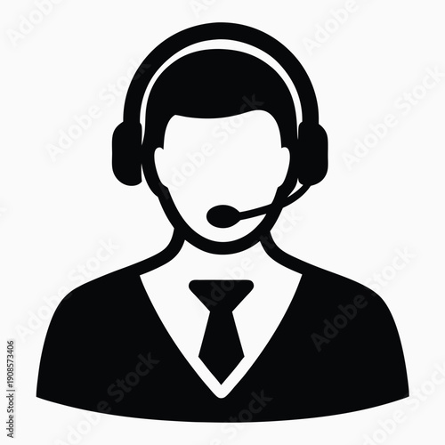 Black silhouette of person in suit wearing headset with microphone, isolated on white