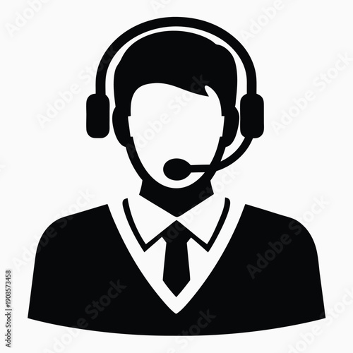 Isolated Call Center Operator Silhouette Headset, Microphone, Tie, Black and White