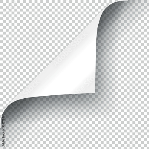White sheet of paper with curled corner creating a diagonal shadow, page curl realistic element designs Curl edge. Rolled paper sheet.