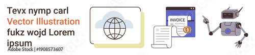 Education, automation, global commerce, digital communication, financial management, futuristic design. A globe, robotic figure online invoice visuals. Automation and education concept