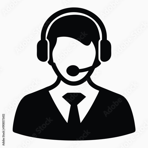 Black Silhouette Business Man Icon with Headset, Tie, and Shirt on White Background
