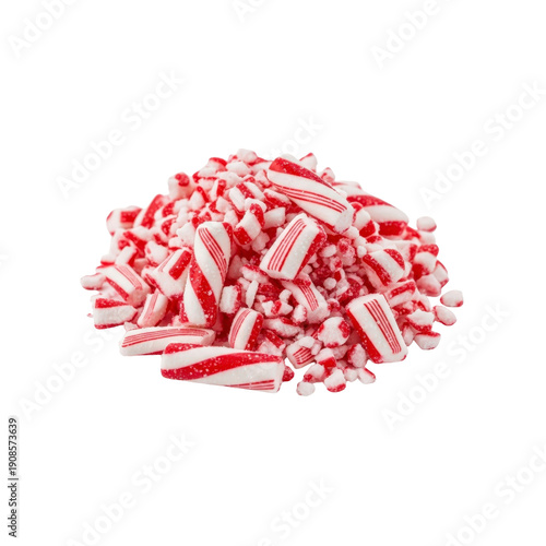 Pile of crushed peppermint candy pieces isolated on transparent background