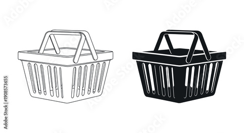 Two woven baskets are depicted one with a line drawing and the other as a stark silhouette high quality professional detailed