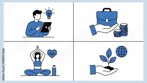 Businessman Working on Laptop with Idea, Briefcase and Coins, Meditation and Wellness and Hand Planting Seedling with Globe