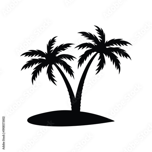 Silhouette of Two Palm Trees on Island,Tropical Vacation Dream, Summer Vibe, Isolated