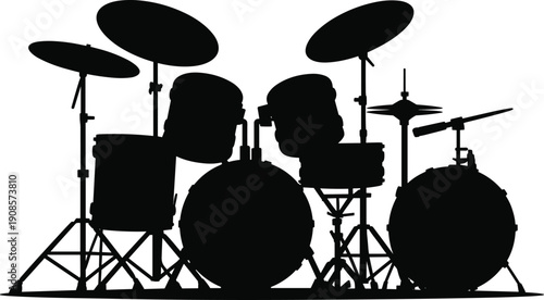 Black silhouette drum set with cymbals and percussion instruments isolated on white background, modern musical equipment illustration for rock band, studio performance, concert and music design.