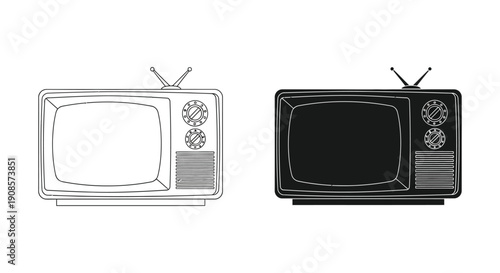 A pair of retro television sets are depicted in contrasting black and white line art a striking silhouette high quality professional
