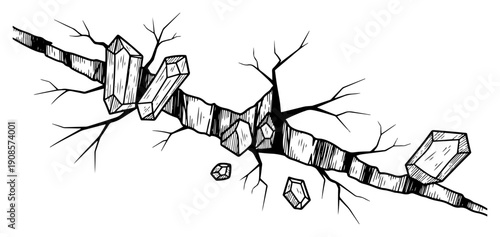 Hand drawn vintage engraving of crystals growing from a cracked rock surface