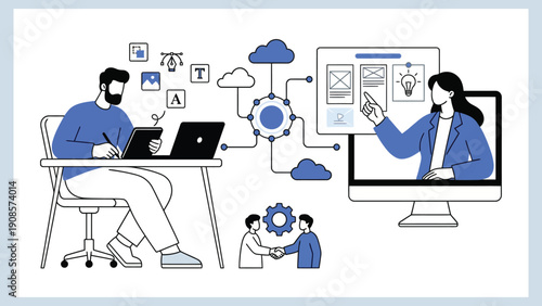 Business People Working Remotely on Computers with Cloud Technology Illustration