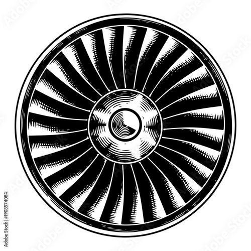 Detailed hand drawn black and white vector of a jet engine turbine fan in circular view