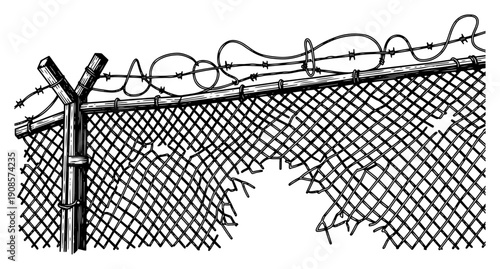 Detailed hand drawn security fence with a large hole and barbed wire topping