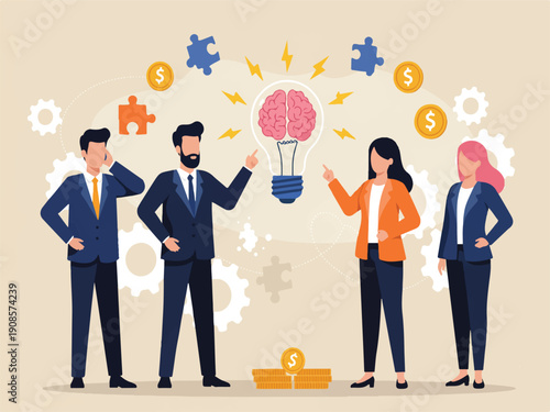 Business people discussing ideas and innovation with brain in light bulb and money coins  teamwork and creativity concept