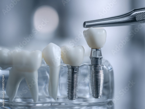 Dental implant model demonstrating the process of placing artificial tooth crowns on titanium screw anchors for tooth replacement in a clinical setting