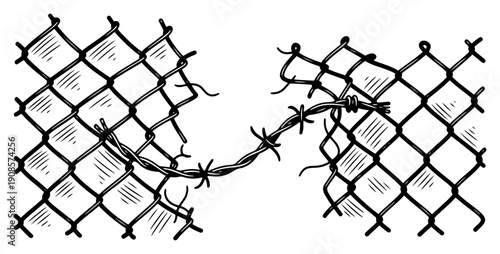 Hand drawn broken chain link fence with tangled barbed wire and torn mesh