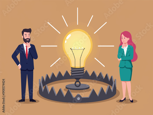 Business people standing around light bulb on bear trap  idea and risk concept